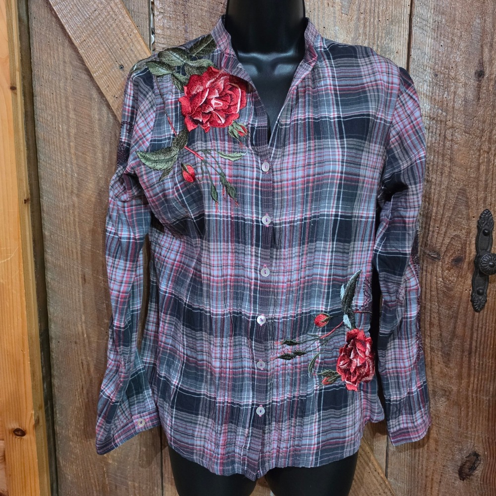 Johnny Was 3J Workshop Womens Medium Juice Rose Embroidered Plaid Button Down